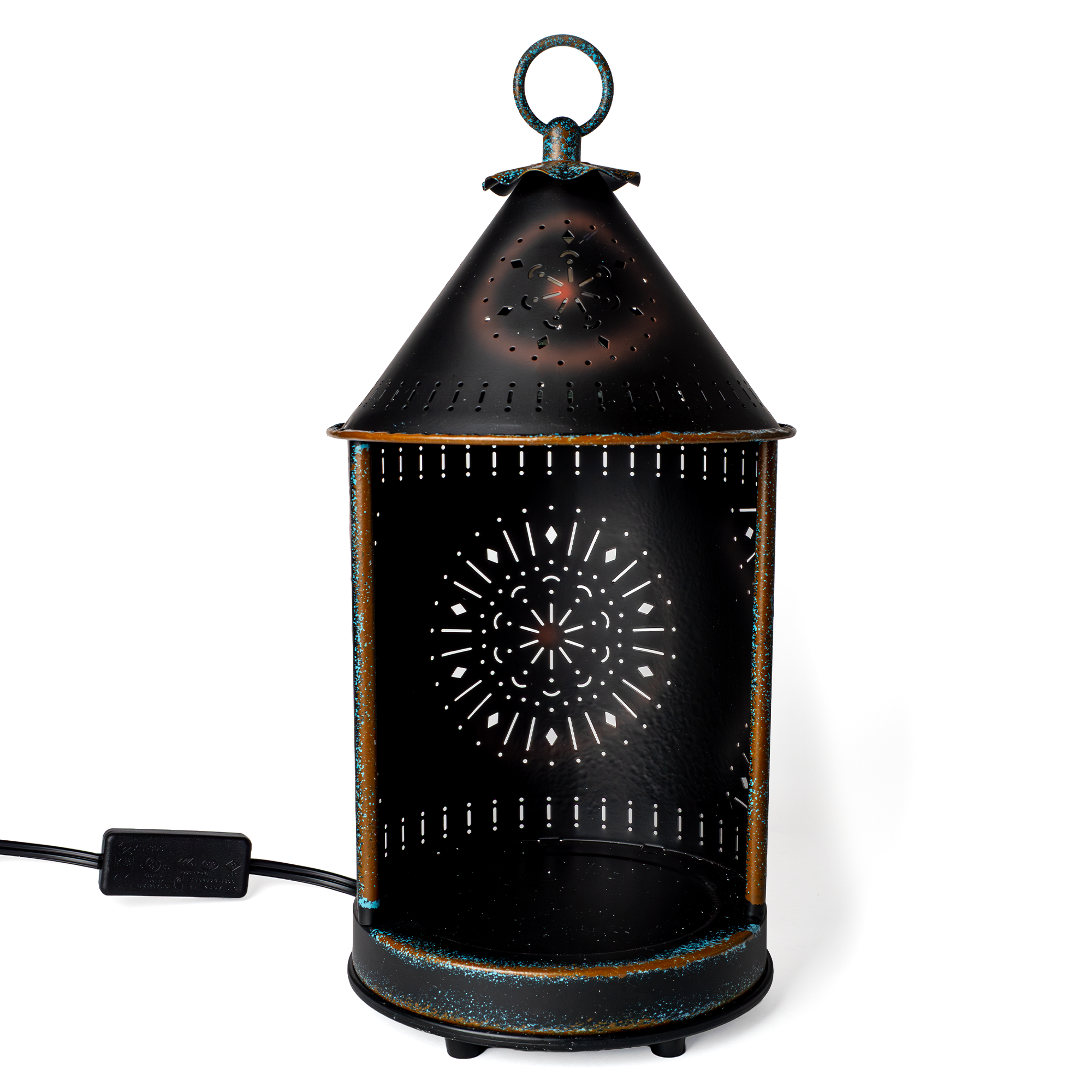 Primitive Tin Sunshine Lantern with starburst cutouts and matte tin finish