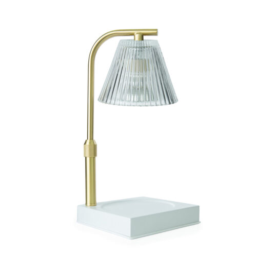 Side profile of Gold Luna Candle Warmer Lamp showing curved arm and glass shade