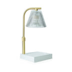 Side profile of Gold Luna Candle Warmer Lamp showing curved arm and glass shade
