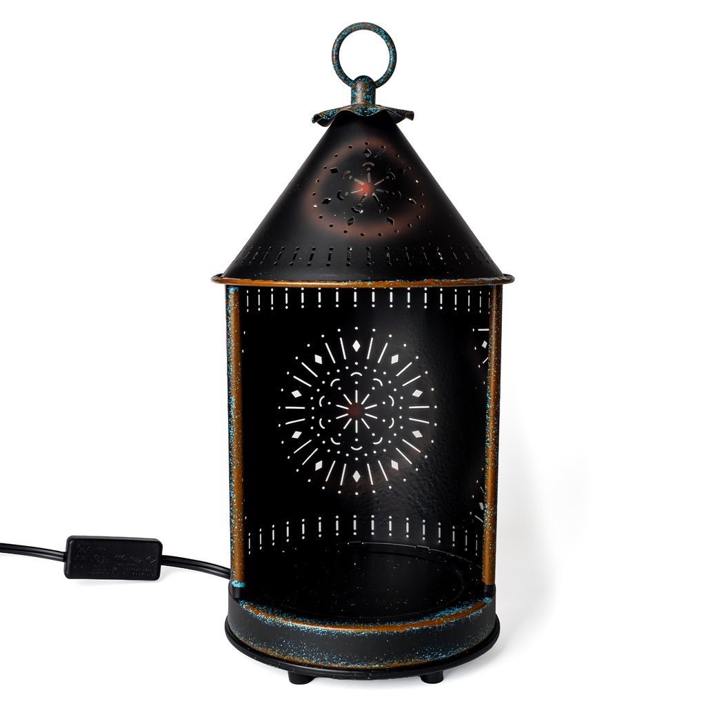 Primitive Tin Sunshine Lantern with starburst cutouts and matte tin finish