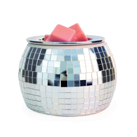 Close-up of Disco Ball Wax Warmer removable ceramic dish filled with wax melts
